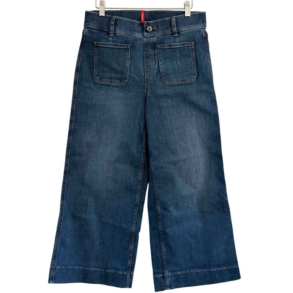 Spanx Everywhere Cropped Wide Leg Denim Jeans Patch Pockets Sz Medium Shapewear